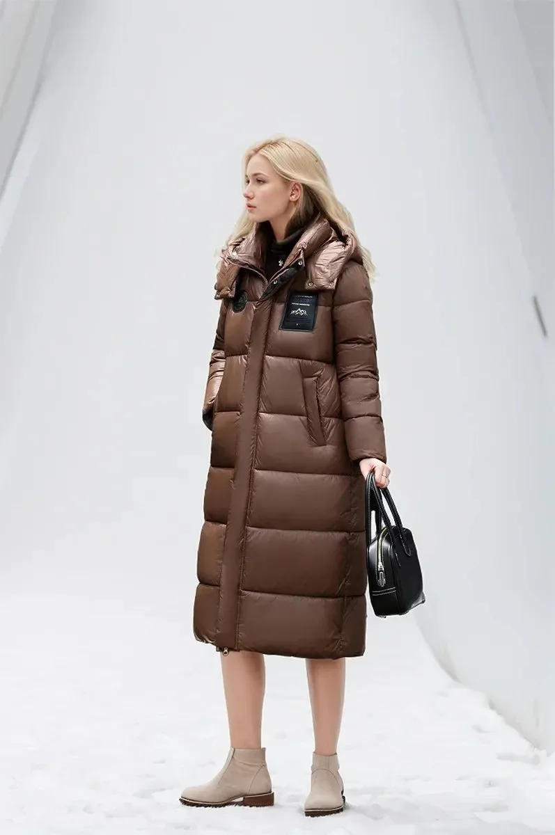 2024 Women's Long Puffer Jacket New For Winter Fashionable High-End Temperament Solid Color Hooded Loose Padded Warm Jacket Coat