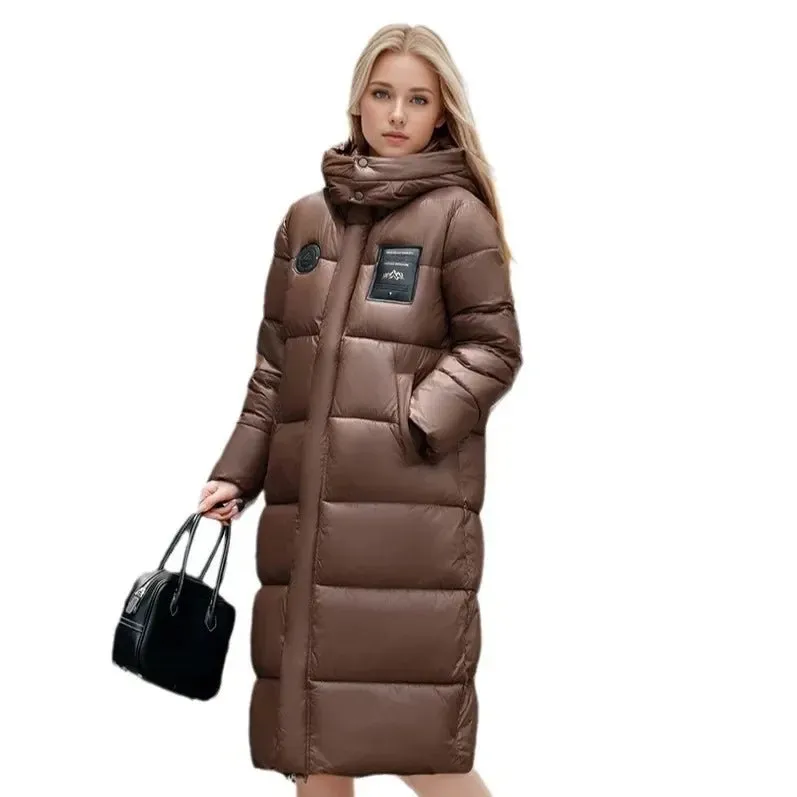 2024 Women's Long Puffer Jacket New For Winter Fashionable High-End Temperament Solid Color Hooded Loose Padded Warm Jacket Coat