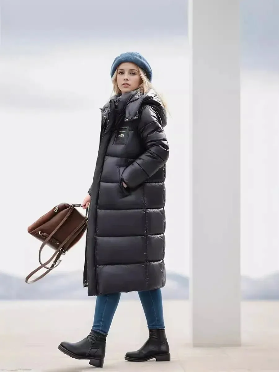 2024 Women's Long Puffer Jacket New For Winter Fashionable High-End Temperament Solid Color Hooded Loose Padded Warm Jacket Coat