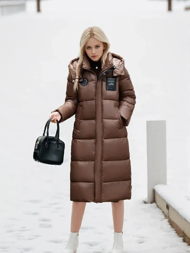 2024 Women's Long Puffer Jacket New For Winter Fashionable High-End Temperament Solid Color Hooded Loose Padded Warm Jacket Coat
