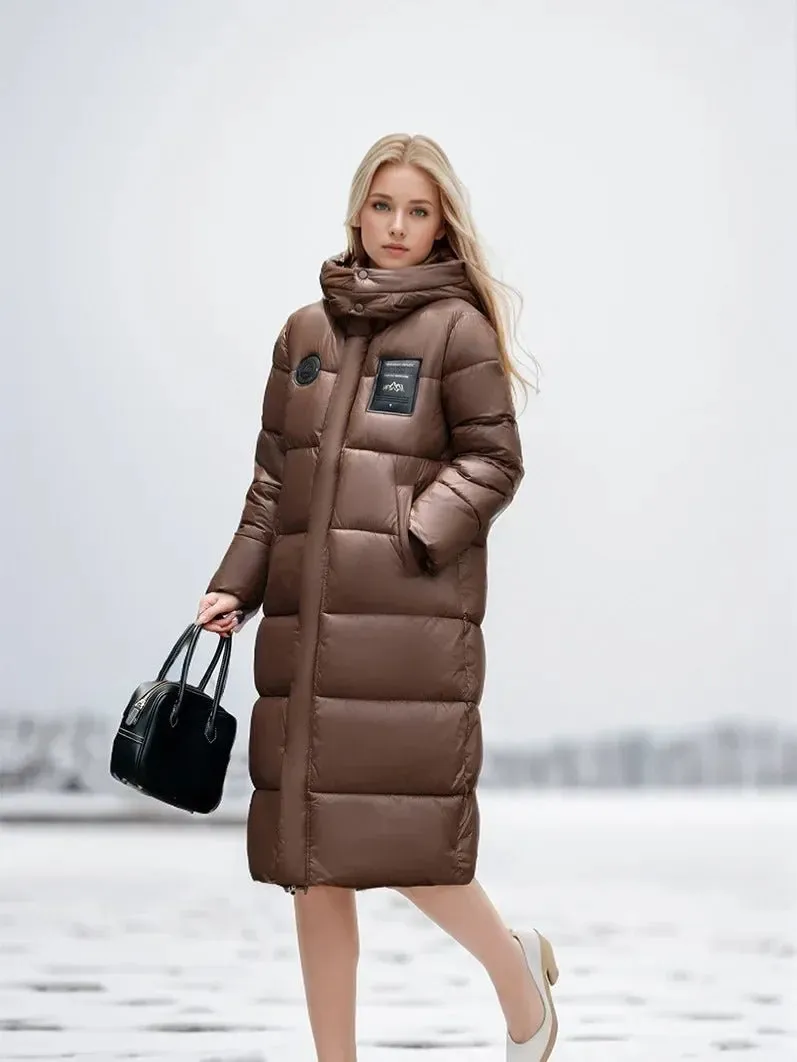 2024 Women's Long Puffer Jacket New For Winter Fashionable High-End Temperament Solid Color Hooded Loose Padded Warm Jacket Coat