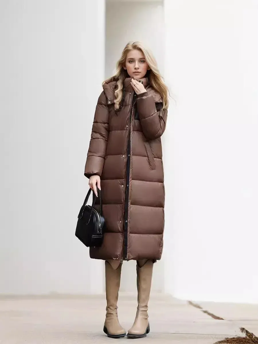 2024 Women's Long Puffer Jacket New For Winter Fashionable High-End Temperament Solid Color Hooded Loose Padded Warm Jacket Coat
