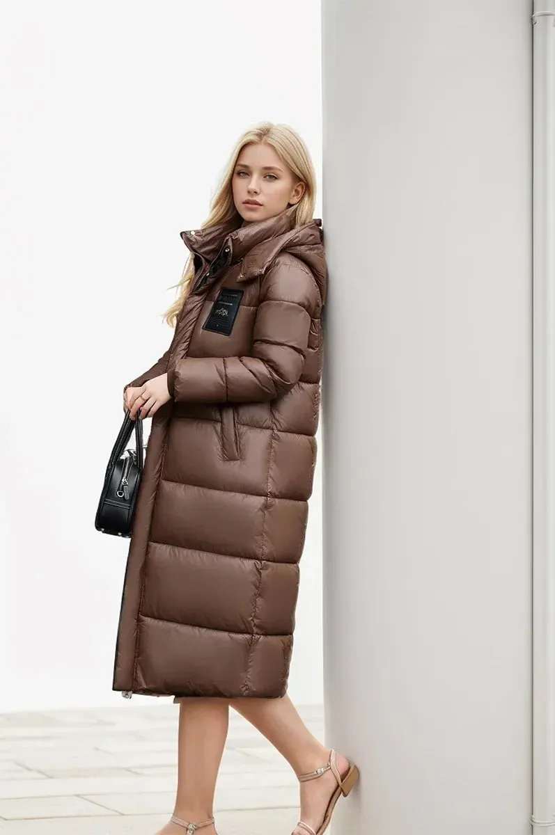 2024 Women's Long Puffer Jacket New For Winter Fashionable High-End Temperament Solid Color Hooded Loose Padded Warm Jacket Coat