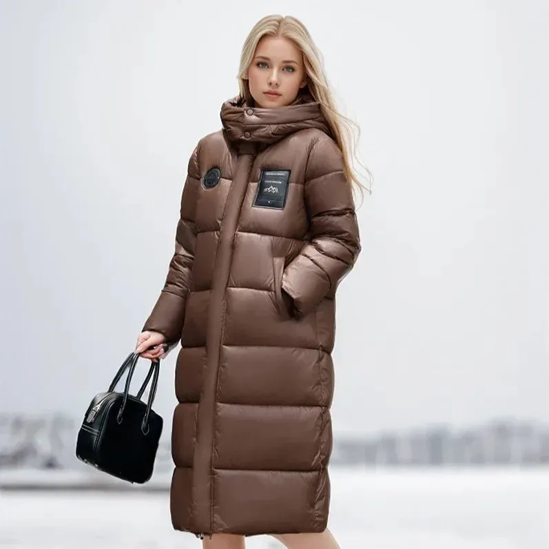 2024 Women's Long Puffer Jacket New For Winter Fashionable High-End Temperament Solid Color Hooded Loose Padded Warm Jacket Coat