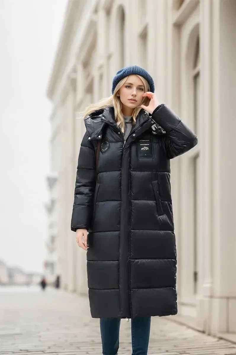 2024 Women's Long Puffer Jacket New For Winter Fashionable High-End Temperament Solid Color Hooded Loose Padded Warm Jacket Coat