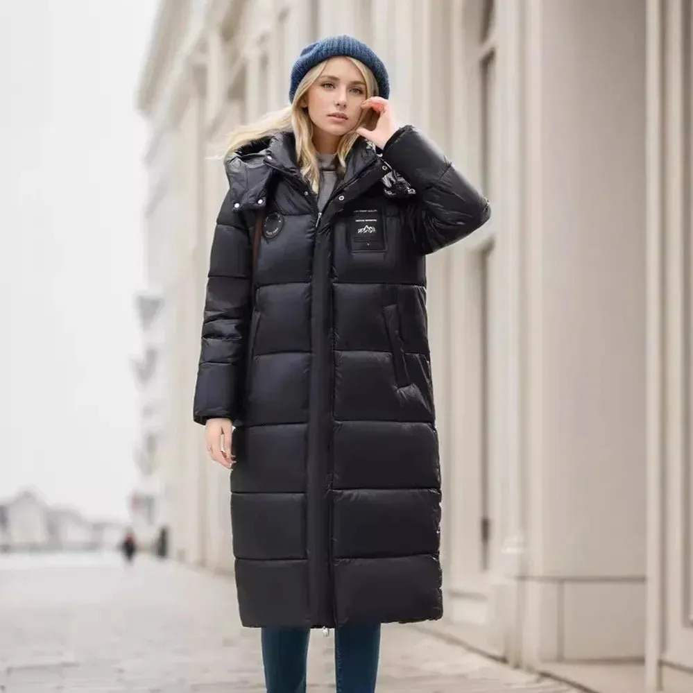 2024 Women's Long Puffer Jacket New For Winter Fashionable High-End Temperament Solid Color Hooded Loose Padded Warm Jacket Coat