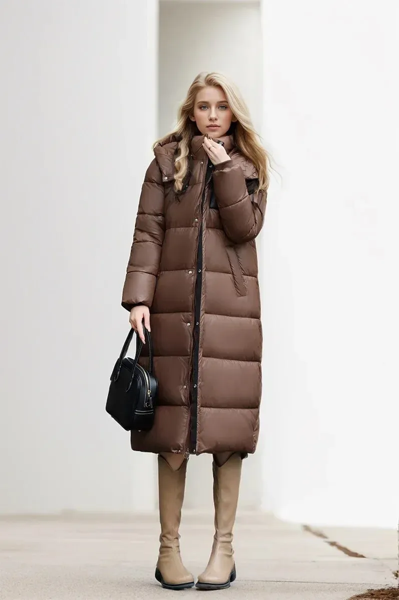 2024 Women's Long Puffer Jacket New For Winter Fashionable High-End Temperament Solid Color Hooded Loose Padded Warm Jacket Coat