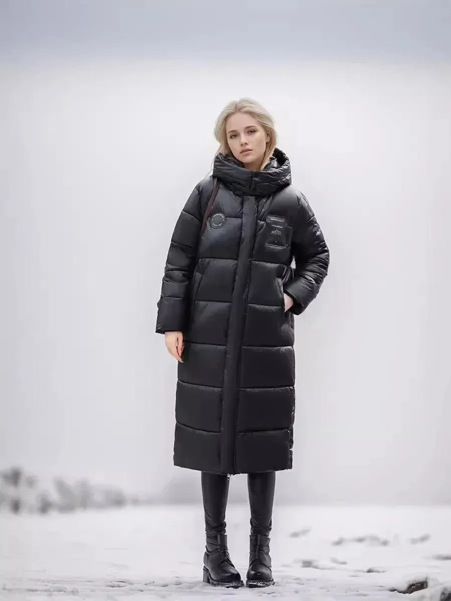 2024 Women's Long Puffer Jacket New For Winter Fashionable High-End Temperament Solid Color Hooded Loose Padded Warm Jacket Coat