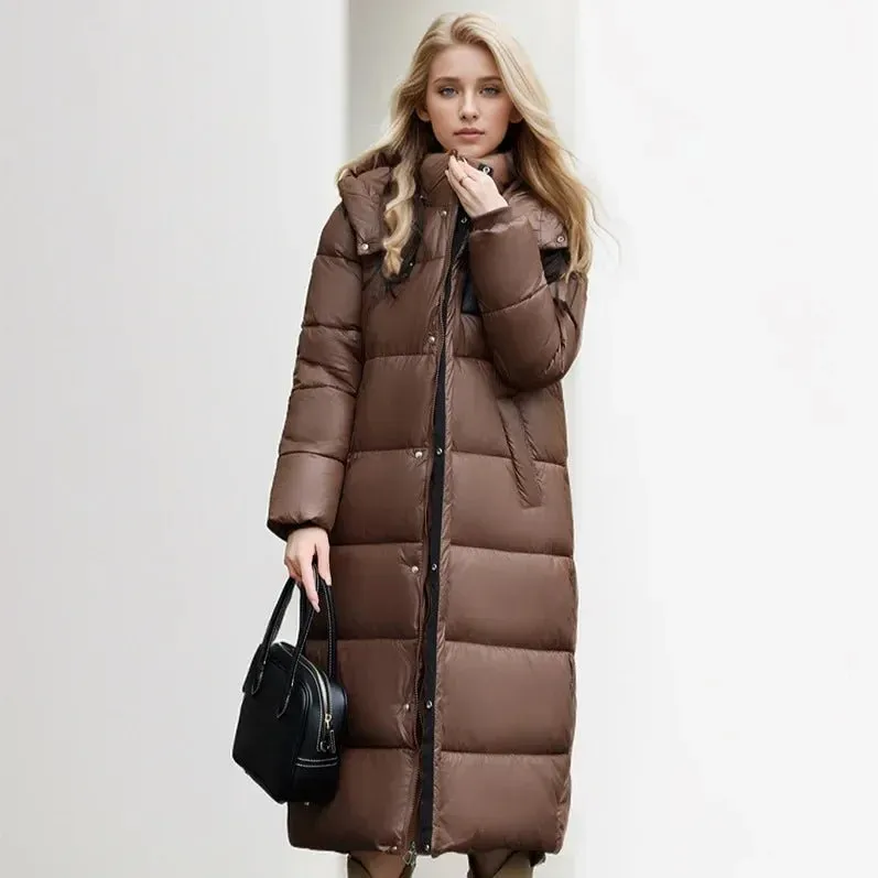 2024 Women's Long Puffer Jacket New For Winter Fashionable High-End Temperament Solid Color Hooded Loose Padded Warm Jacket Coat