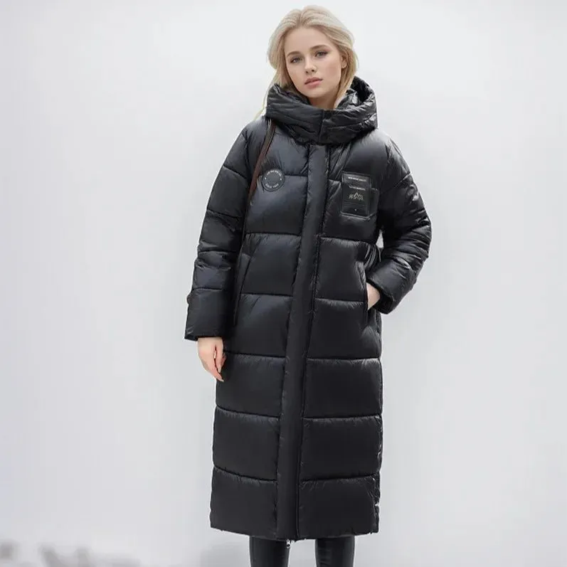 2024 Women's Long Puffer Jacket New For Winter Fashionable High-End Temperament Solid Color Hooded Loose Padded Warm Jacket Coat