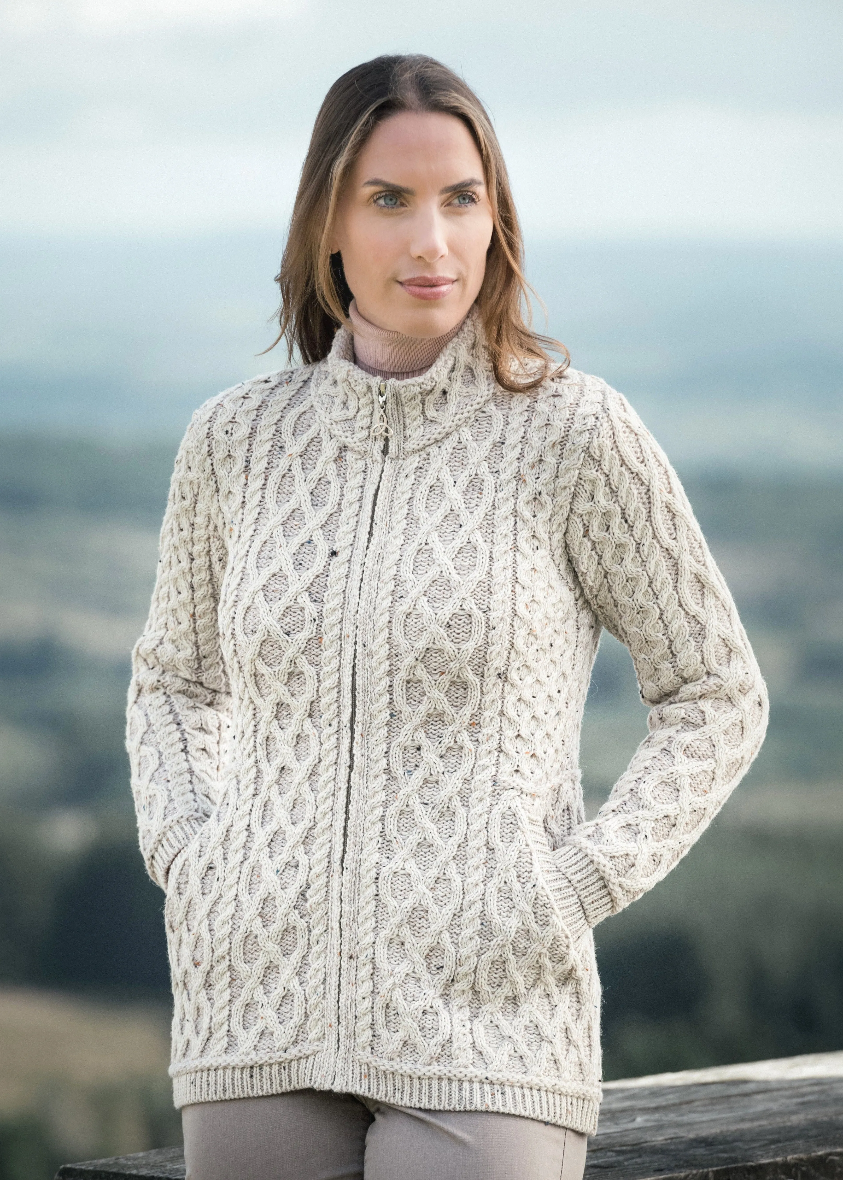 Aran Crafts Plated Zip Cardigan | Oatmeal