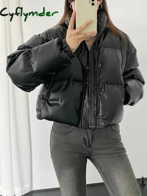 Cyflymder Parkas for Women Faux Leather Zippers Turtleneck Casual Coat Winter Fashion Thermal Button Pocket Female Jackets