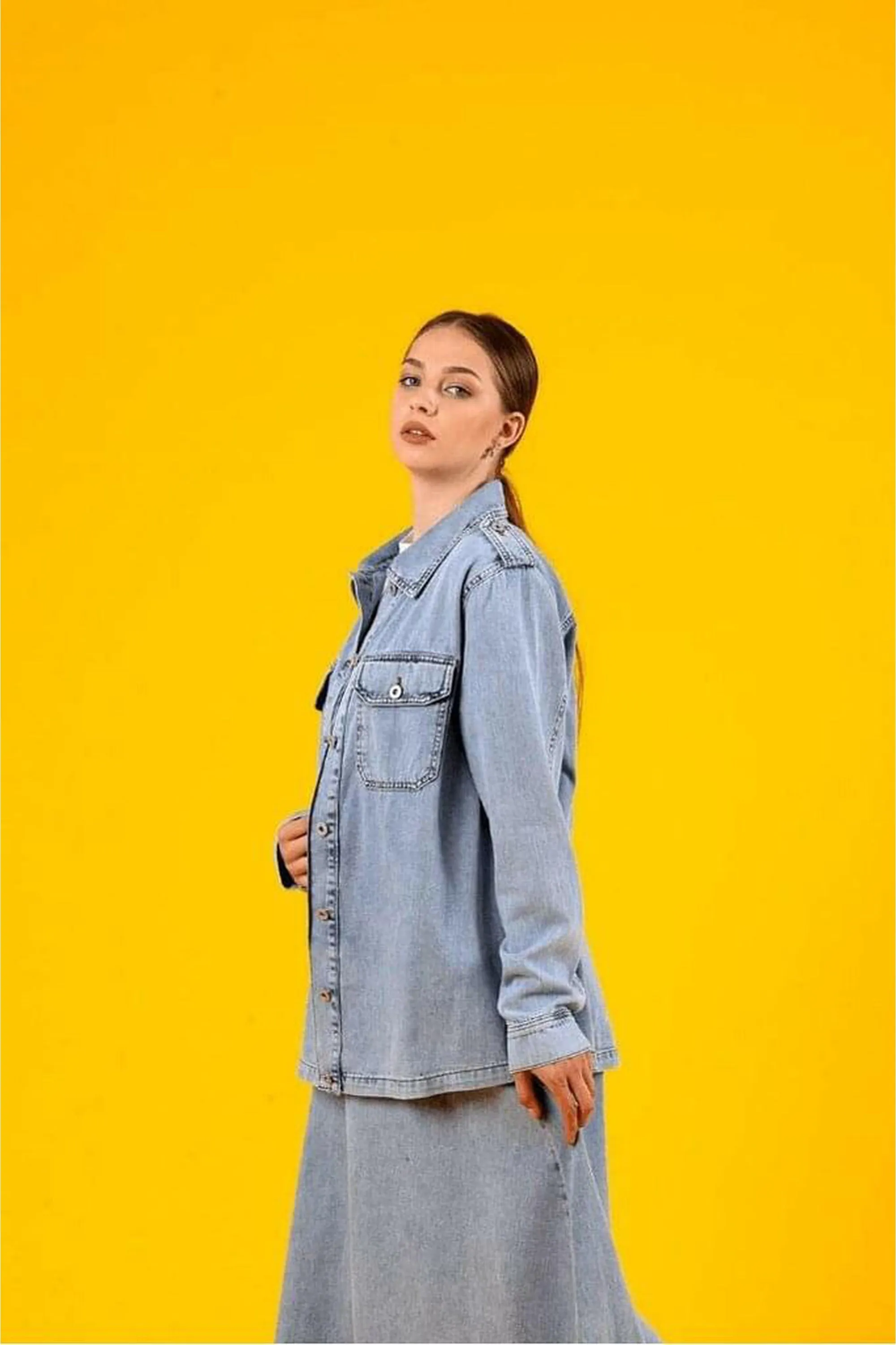 Discover effortless elegance with the Alara Denim Skirt Set