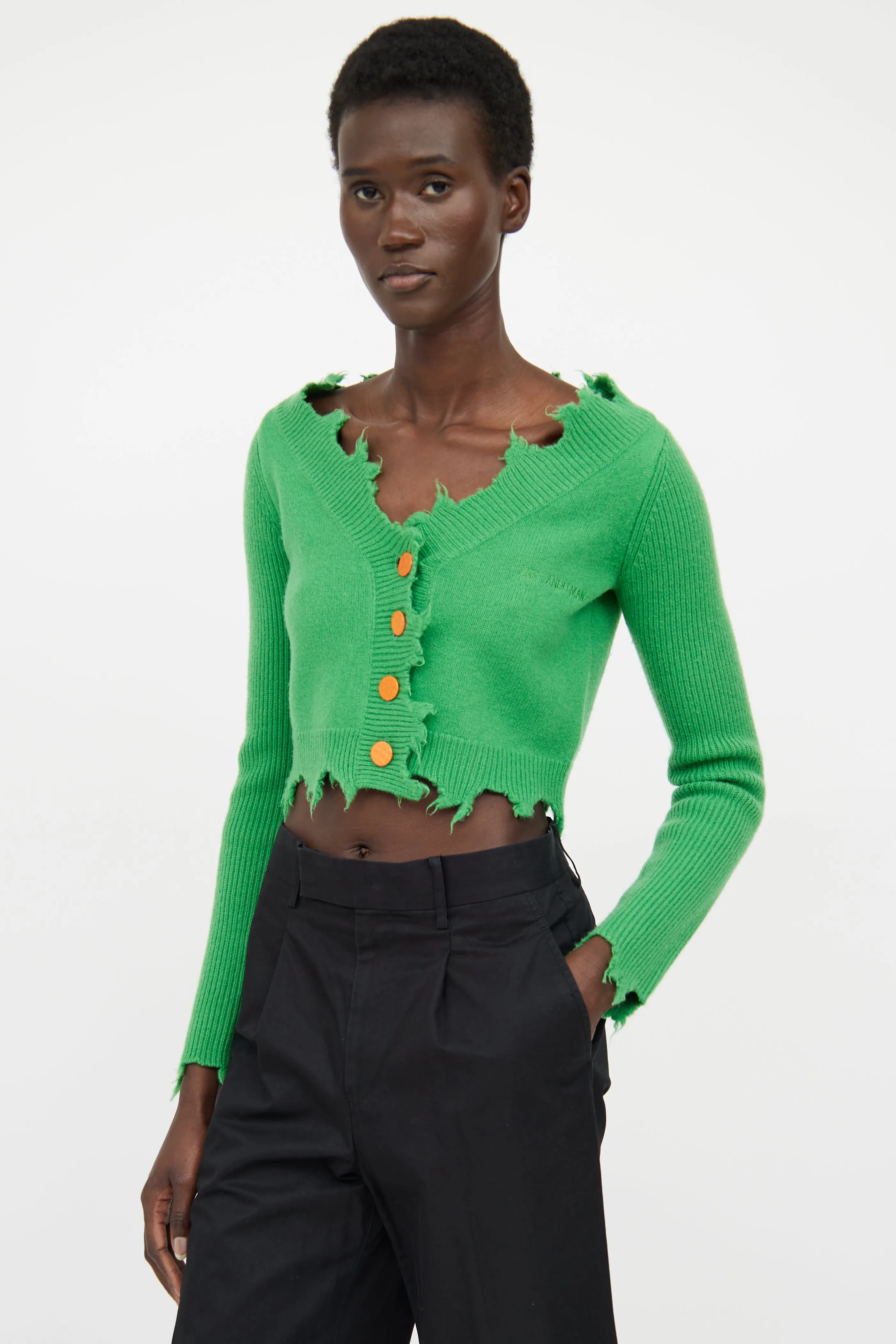 Green Raw Hem Long Sleeve Cardigan