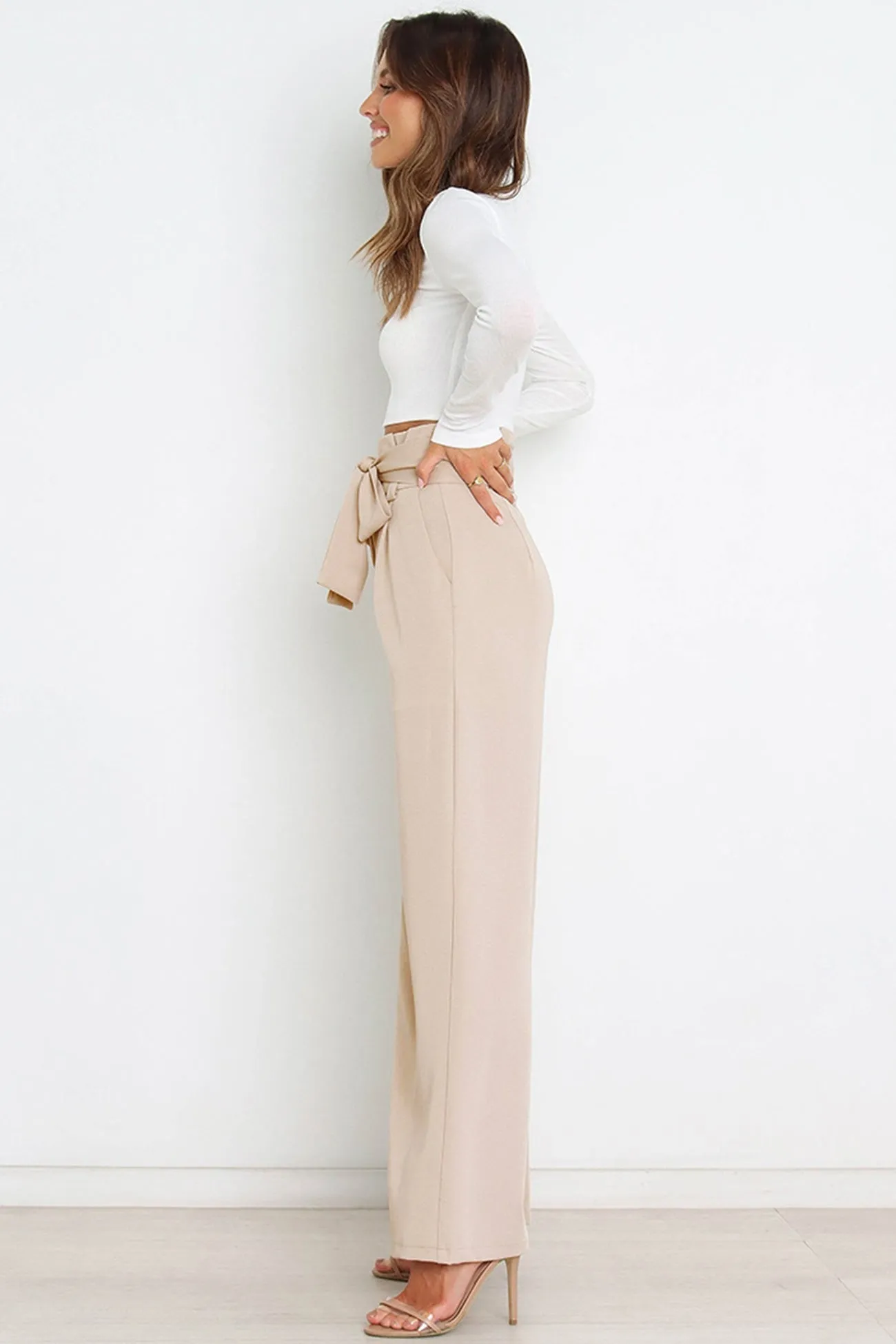 Ivyshape | Casual Tie-Front Loose Straight Long Pants