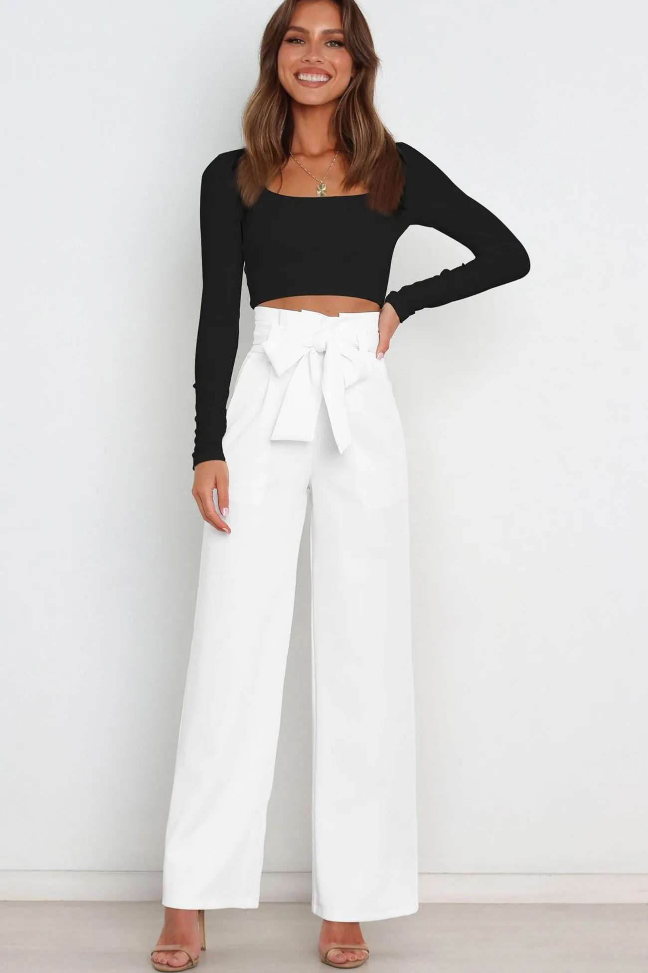 Ivyshape | Casual Tie-Front Loose Straight Long Pants