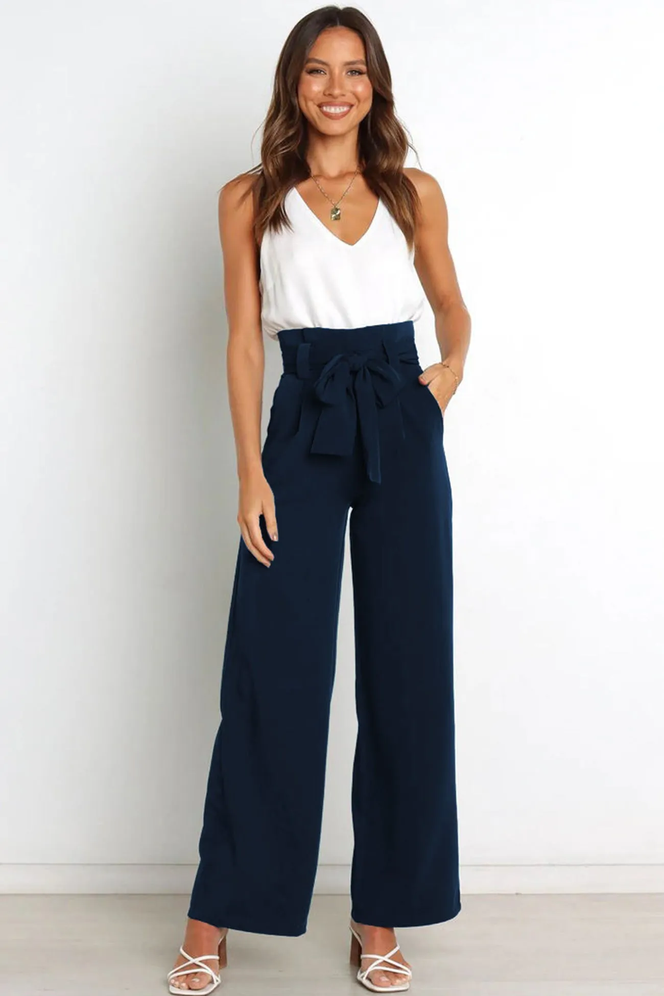 Ivyshape | Casual Tie-Front Loose Straight Long Pants