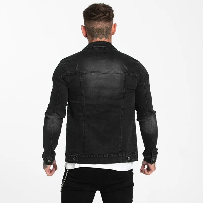 Land of Nostalgia Autumn Winter Men's Stripe Skinny Black Denim Coats Jackets by Land of Nostalgia