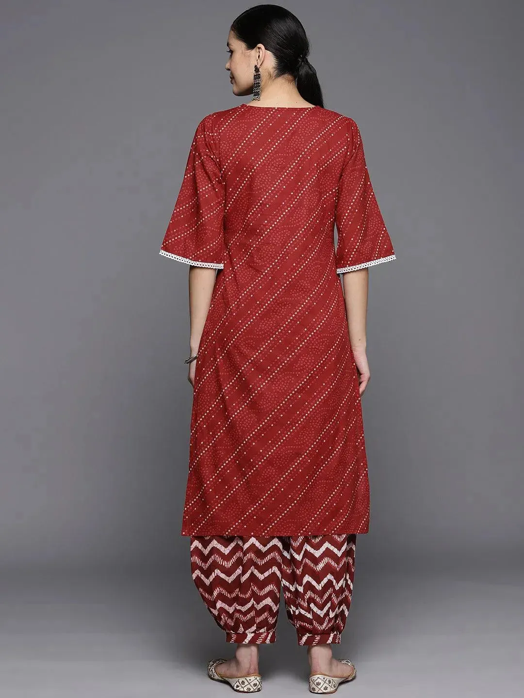 Maroon Printed Cotton Straight Kurta With Salwar