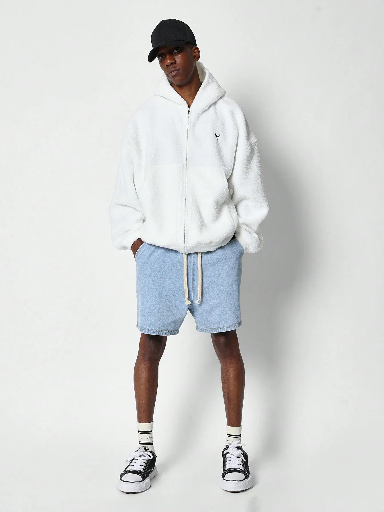 Oversized Fit Zip Through Fleece Hoodie With Back Arabic Letter Graphic Print