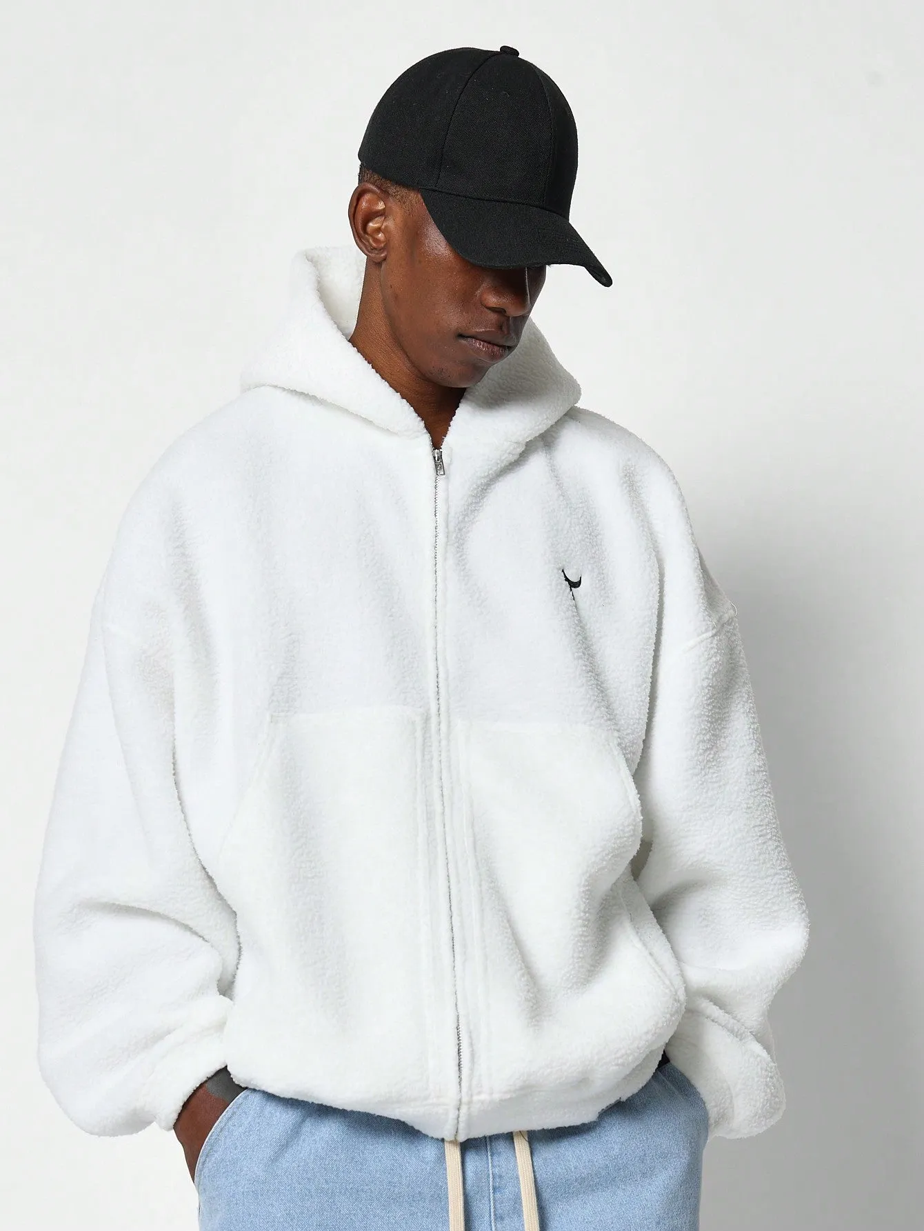 Oversized Fit Zip Through Fleece Hoodie With Back Arabic Letter Graphic Print