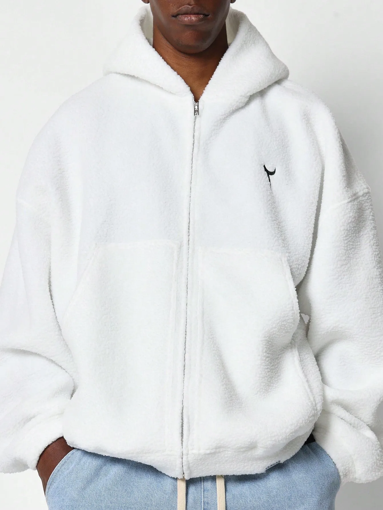 Oversized Fit Zip Through Fleece Hoodie With Back Arabic Letter Graphic Print