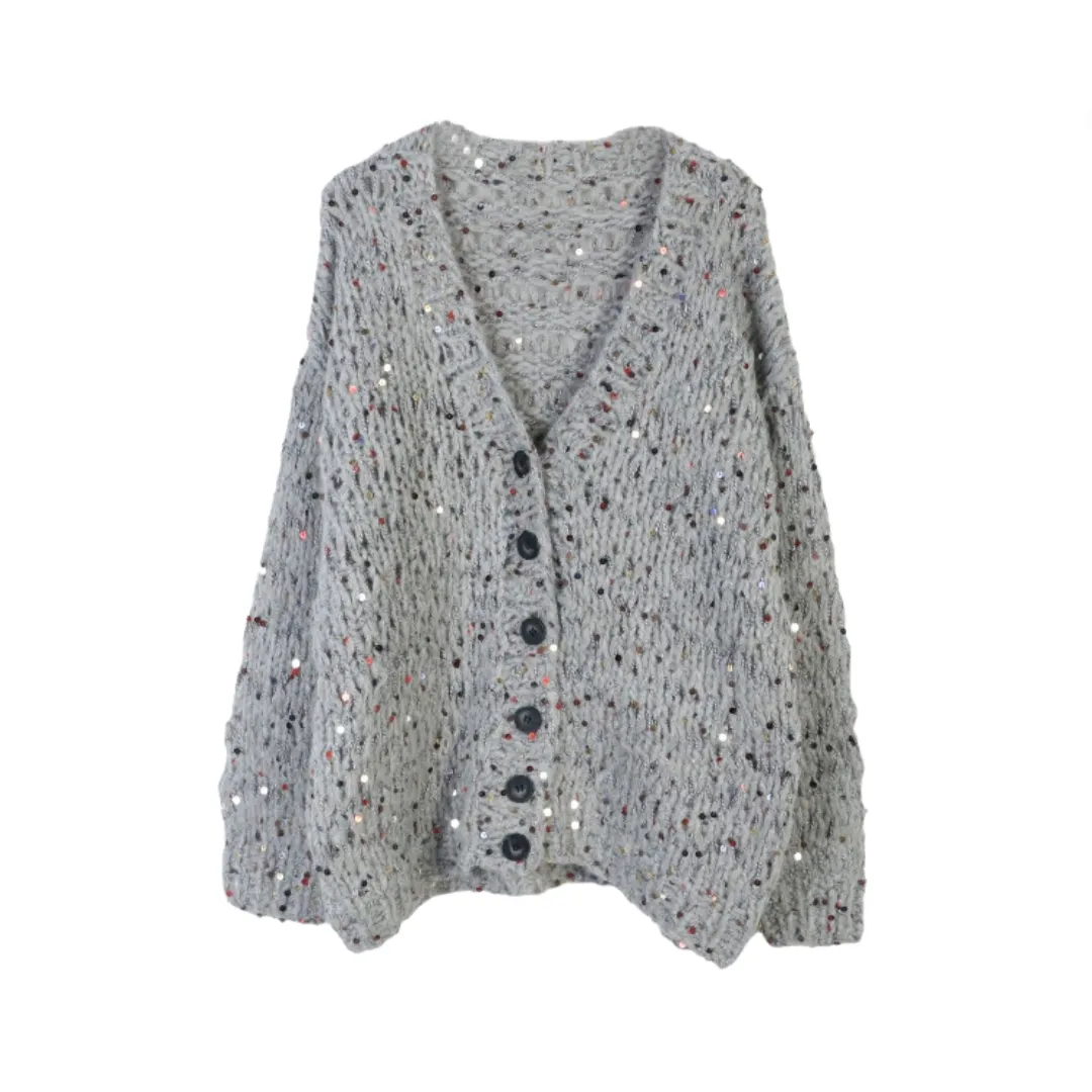 Pre Order:  Sequined Long Sleeved Loose V-Neck Cardigan