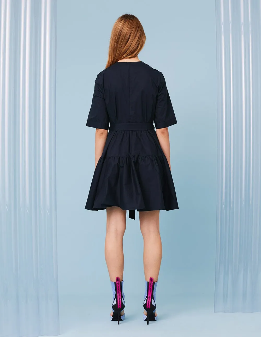 Women Round Neck Short Sleeves Dress With Belt