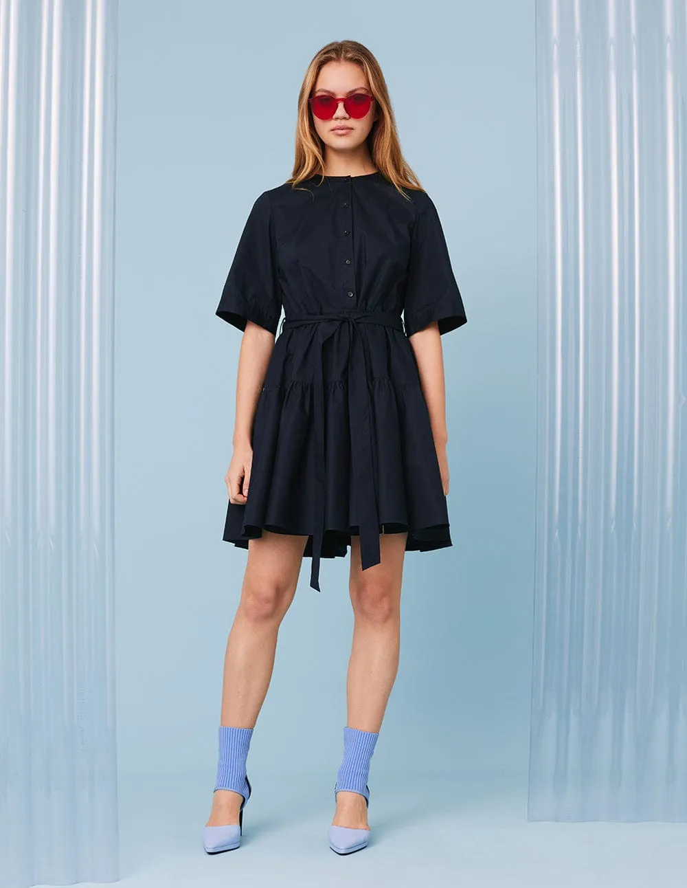 Women Round Neck Short Sleeves Dress With Belt